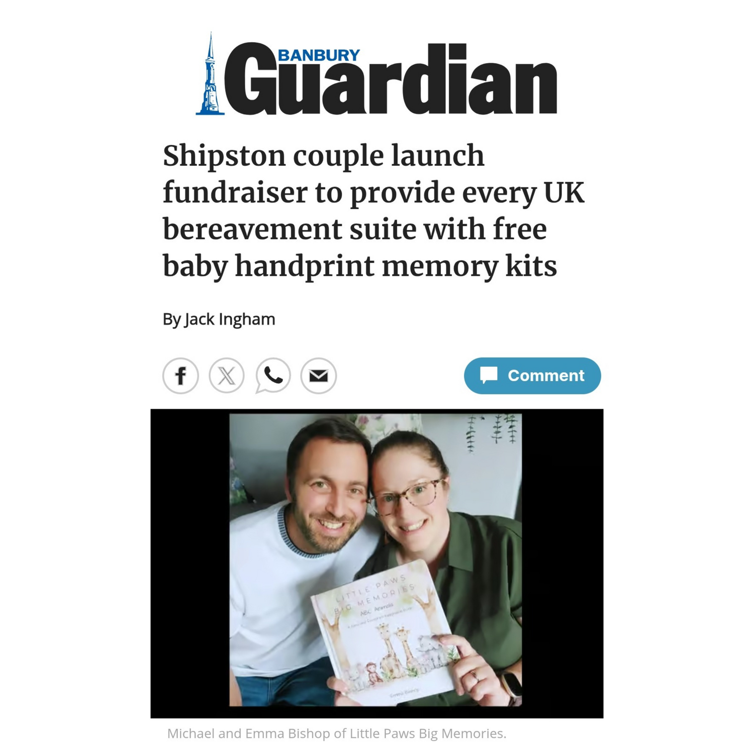 News article about Little Paws Big Memories co-founders launching a crowdfunder fundraising campaign to provide bereavement suites and NICUS with free baby handprint kits