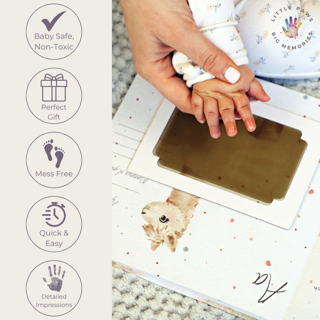 Little Paws Big Memories ABC Animals baby handprint and footprint keepsake memory book starter kit. Newborn baby gift idea, baby shower gift idea. Christening present. New baby present. large clean touch inkless ink pads. Baby safe, non-toxic, perfect gift, mess free, quick and easy, detailed impressions.