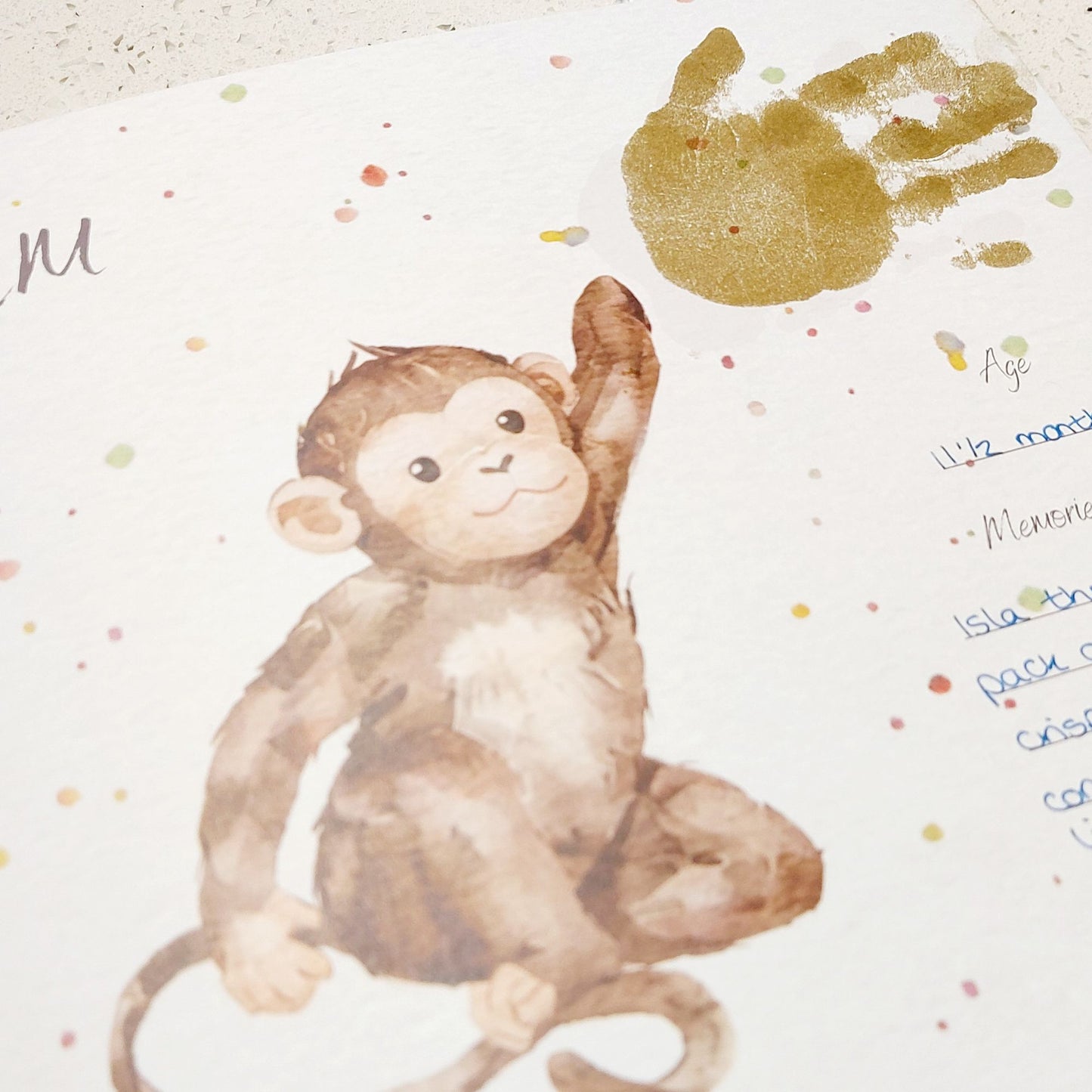 Little Paws Big Memories ABC Animals baby handprint and footprint keepsake memory book kit. Newborn baby gift idea, baby shower gift idea. Christening present. Baby handprint monkey hand page