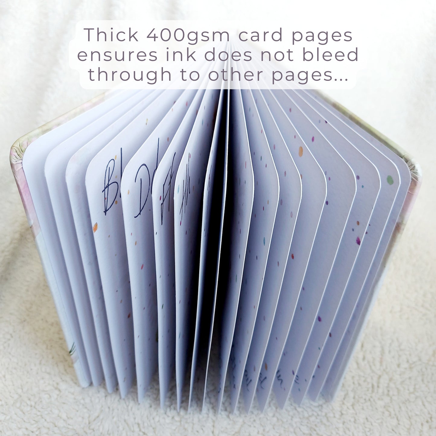 Little Paws Big Memories ABC Animals Baby hand and footprint Keepsake Book open showing thick 400gsm card pages. Text reads 'thick 400gsm card pages ensures ink does not bleed through to other pages'