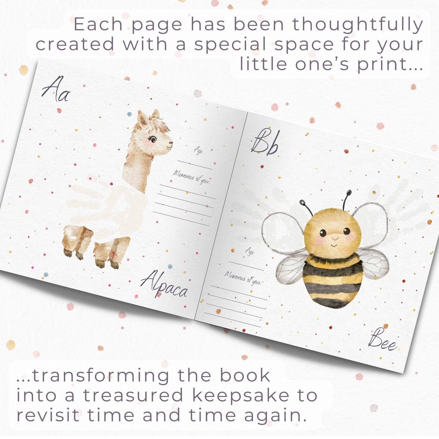 Book pages from baby handprint and footprint keepsake book showing how baby hand and footprints complete the pictures of animals. Baby shower gift for newborn baby. Christening present.
