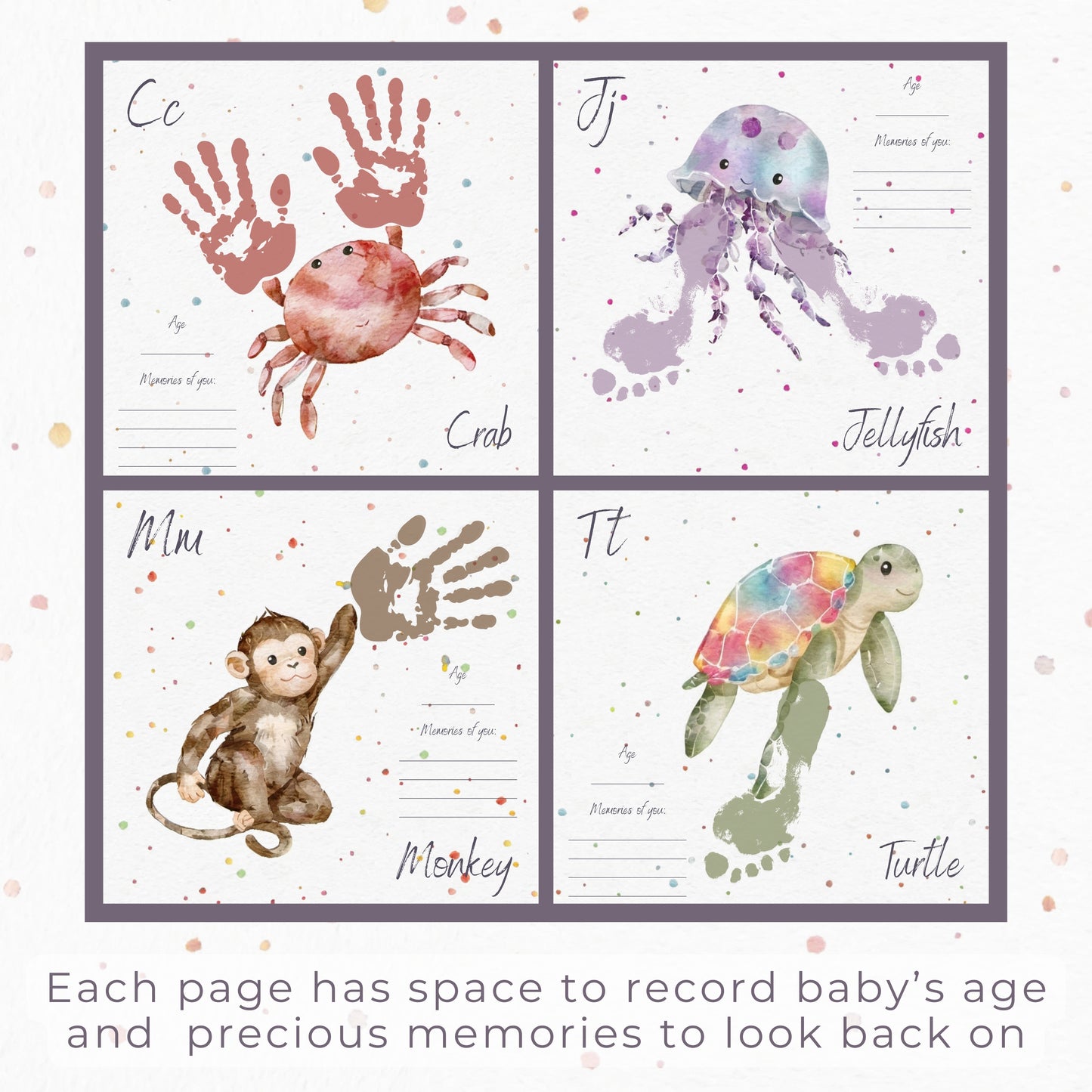 Example pages from baby hand and footprint keepsake book showing animals and baby memories. Shows how baby hand and footprints complete the pictures of animals. Baby shower gift for newborn baby.