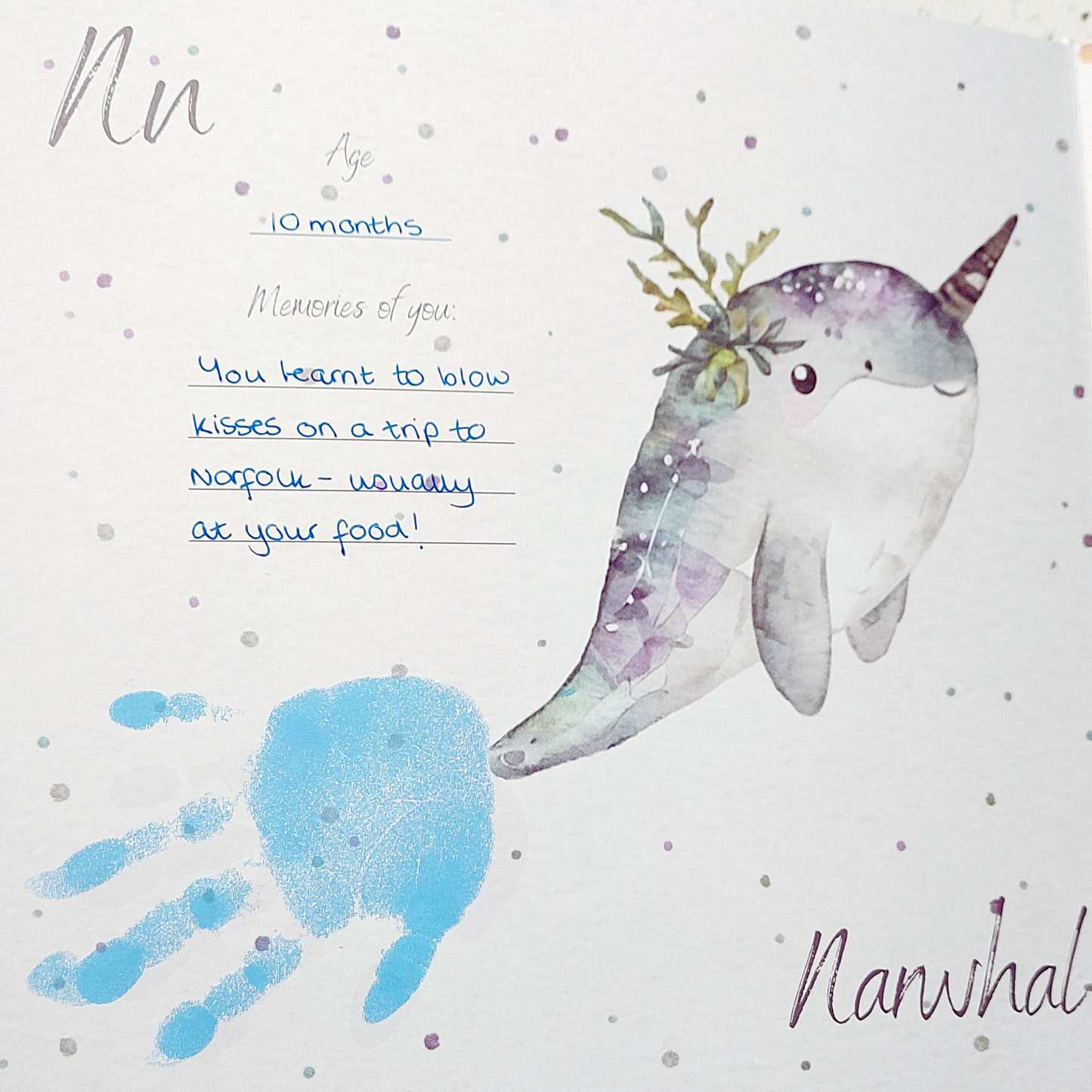 Little Paws Big Memories ABC Animals baby handprint and footprint keepsake memory book kit. Newborn baby gift idea, baby shower gift idea. Christening present. Narwhal handprint tail page