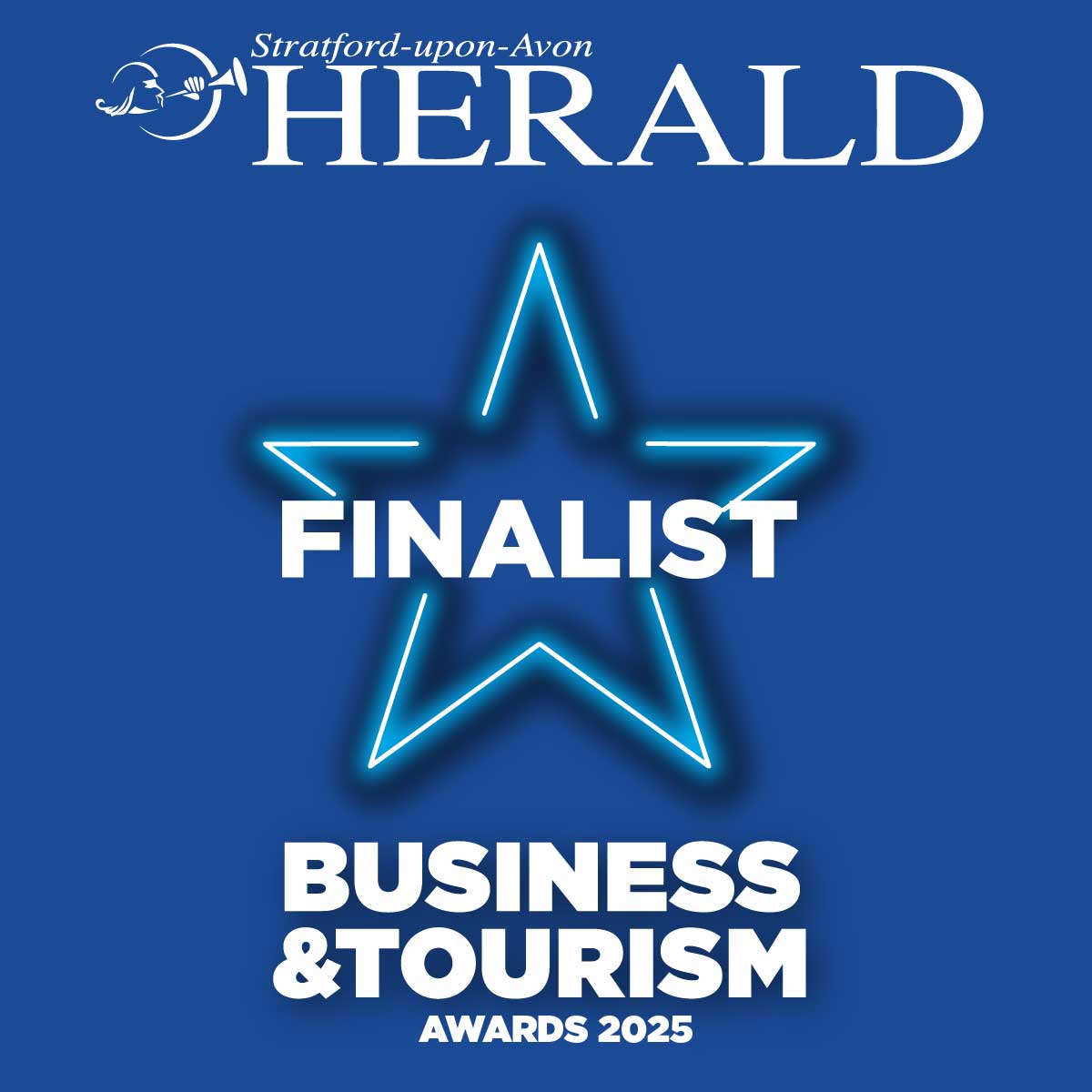 Stratford-upon-Avon Herald Business & Tourism Awards 2025 Finalist badge on a blue background