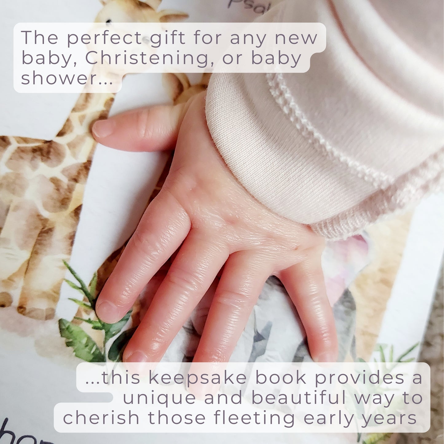 Baby hand on Little Paws Big Memories ABC Animals hand and footprint keepsake book, baby shower gift idea. Newborn baby gift idea. Text reads 'the perfect gift for any new baby, Christening, or baby shower...this keepsake book provides a unique and beautiful way to cherish those fleeting early years'.