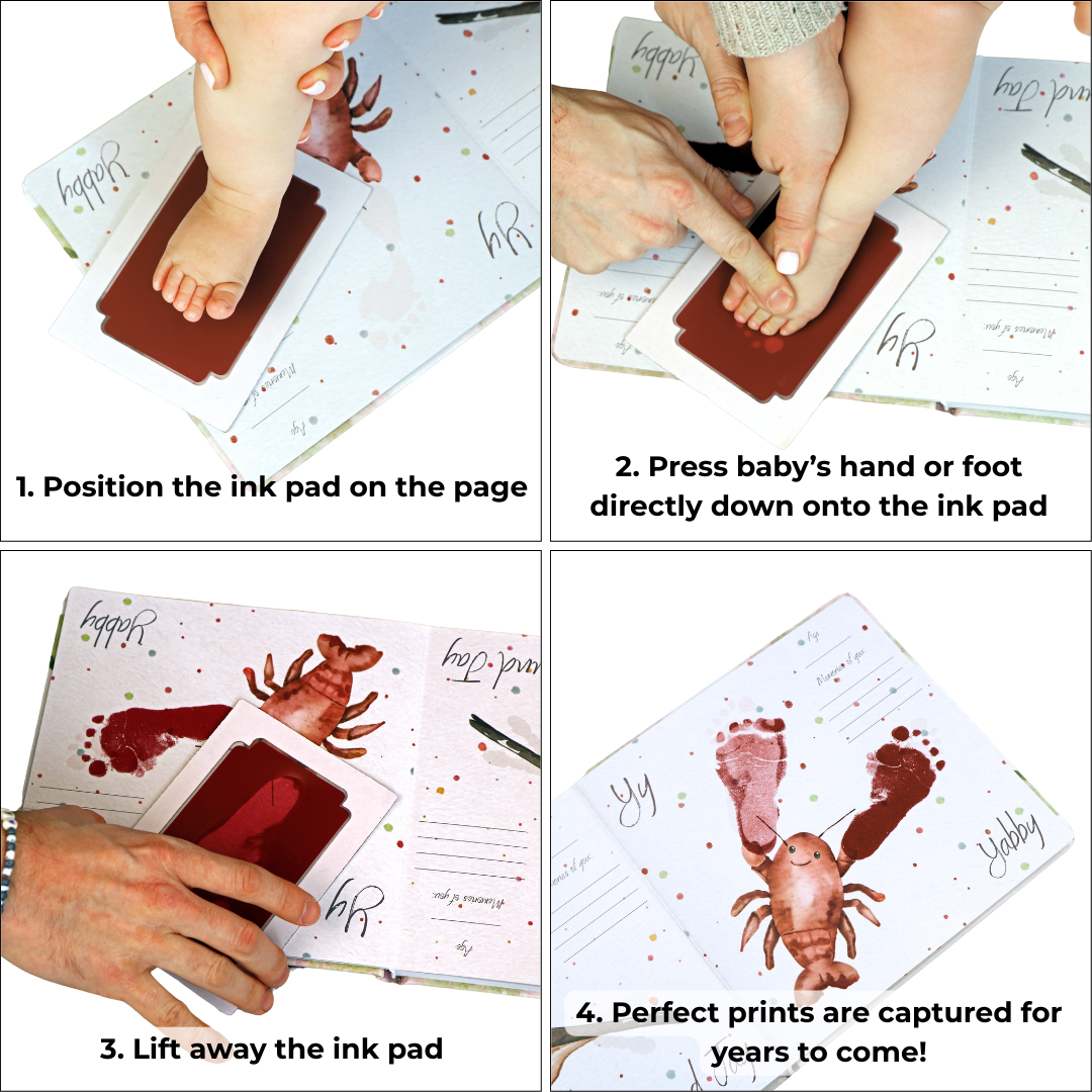 Little Paws Big Memories ABC Animals baby handprint and footprint keepsake memory book starter kit. Newborn baby gift idea, baby shower gift idea. Christening present. New baby present. large clean touch inkless ink pads. Baby safe, non-toxic, perfect gift, mess free, quick and easy, detailed impressions.