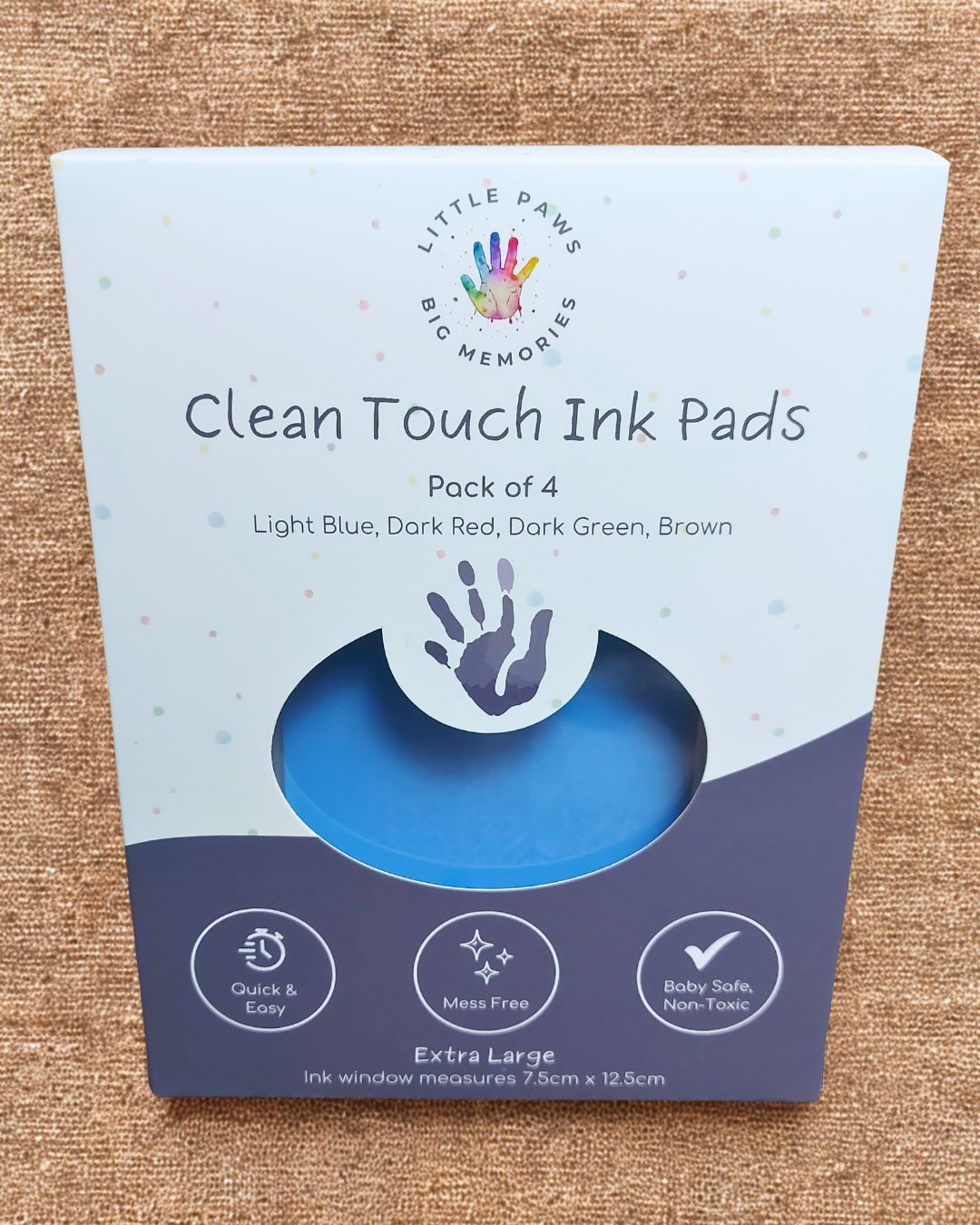 Clean touch ink pads, pack of 4 in cardboard packaging box. Light blue, dark red, dark green, brown/gold. Quick and easy, mess free, baby safe and non toxic. Extra large size.