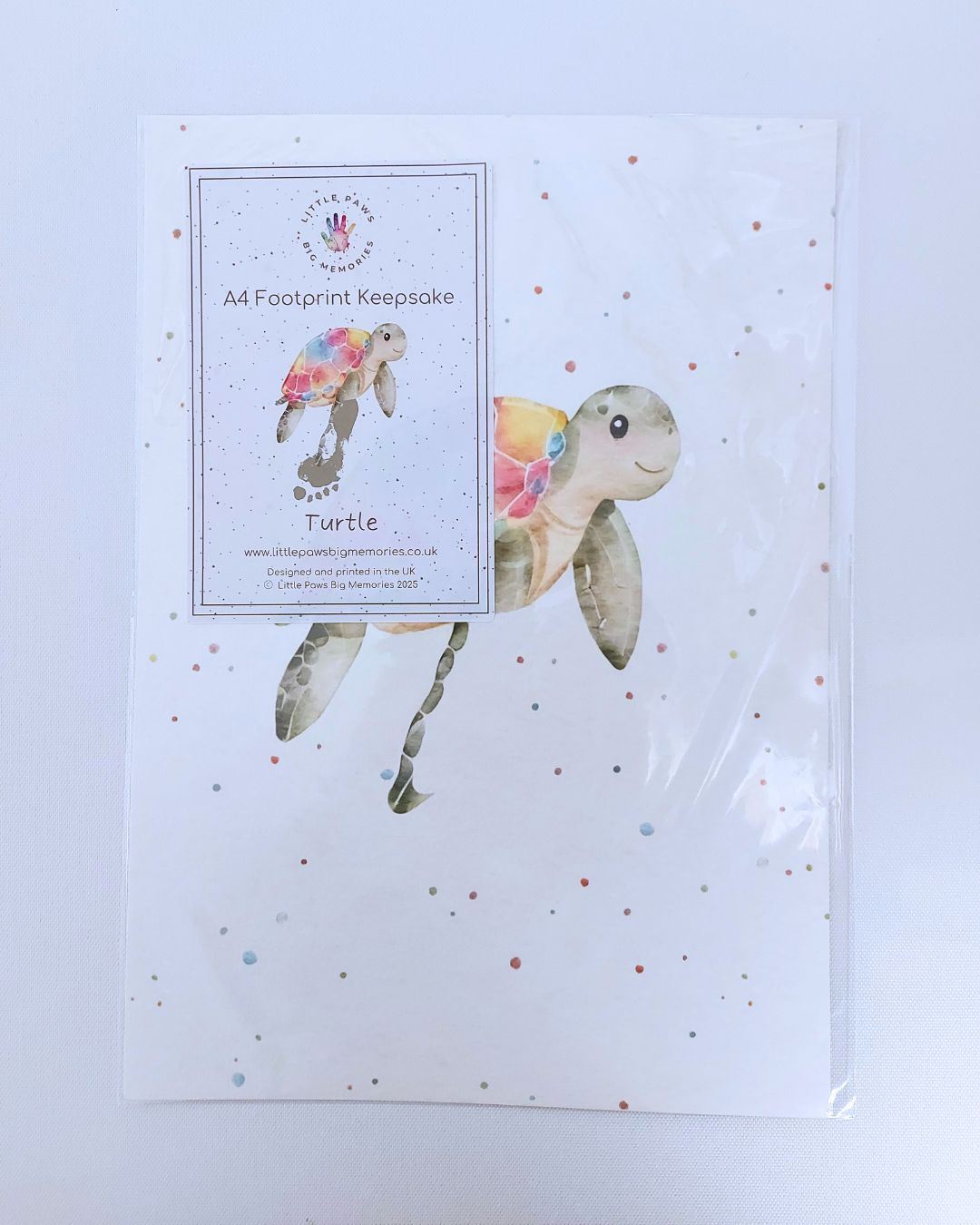 Illustration of turtle on A4 luxury textured card. With space for baby's footprint.