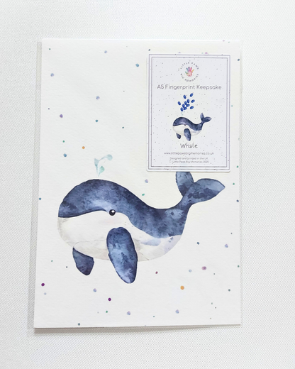 Illustration of a whale on A5 luxury textured card. With space for baby's fingerprints.