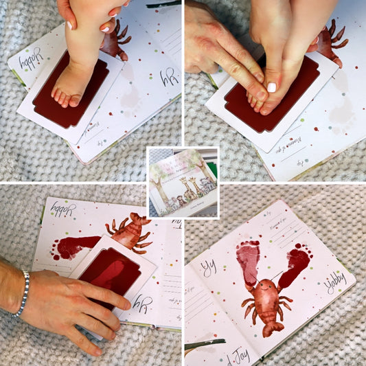 Red clean touch ink pad being used to take a baby's footprint in the Little Paws Big Memories ABC Animals Baby hand and footprint keepsake book.