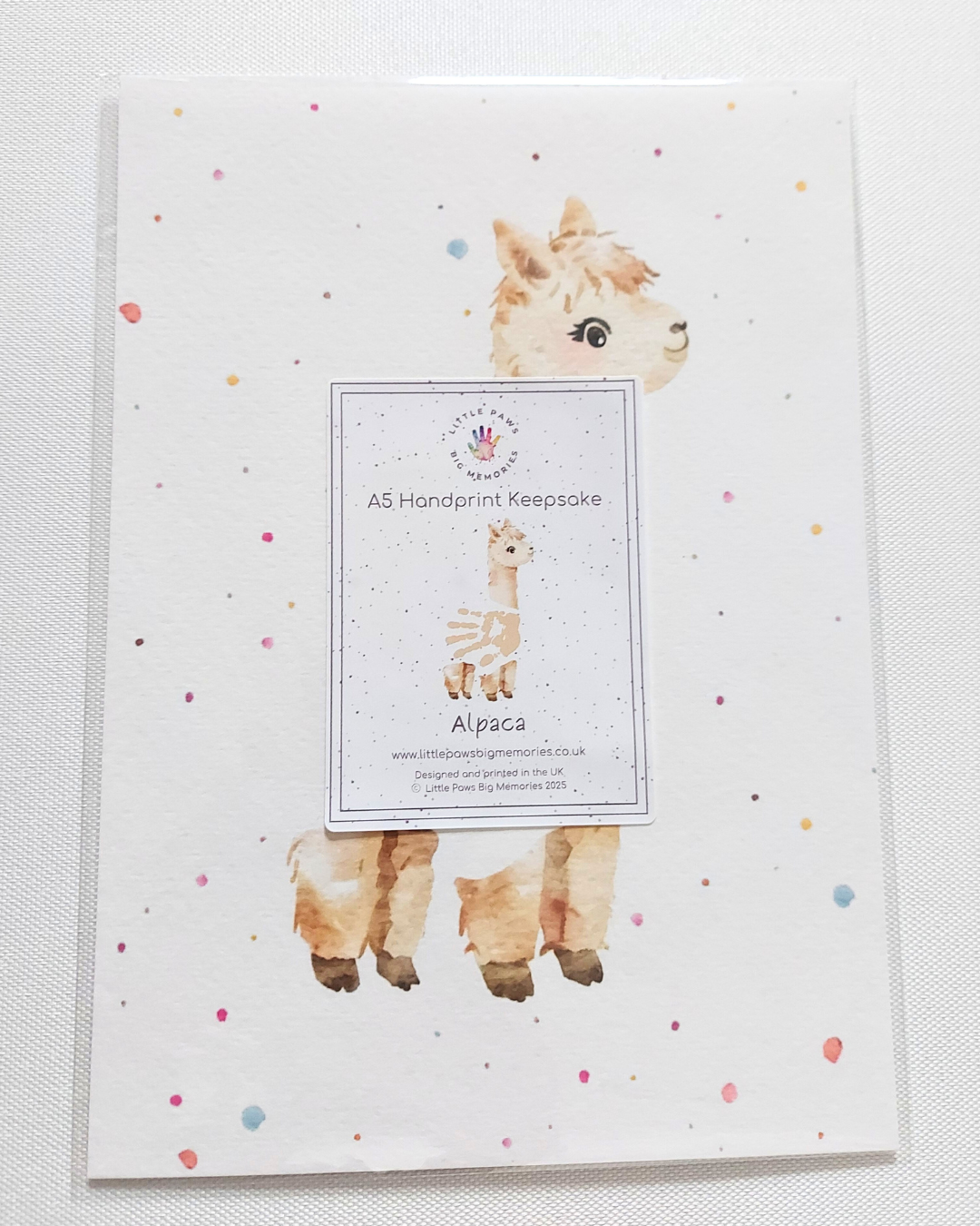 Alpaca A5 Handprint Keepsake Print. In clear cello wallet.