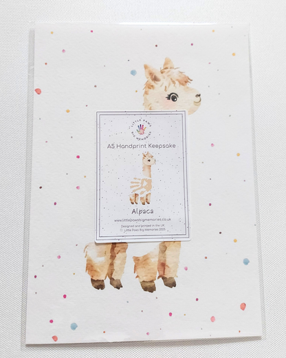 Alpaca A5 Handprint Keepsake Print. In clear cello wallet.