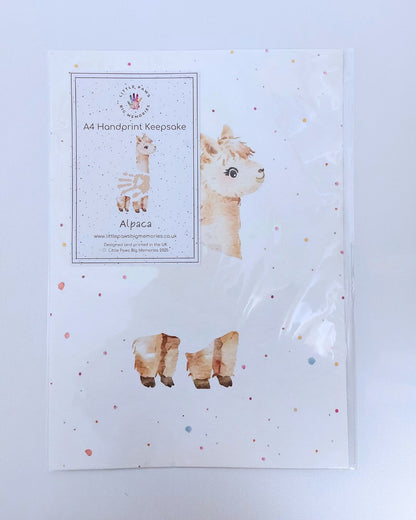 Illustration of an alpaca on A4 luxury textured card. With space for baby's handprint.