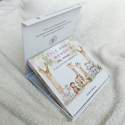Little Paws Big Memories ABC Animals baby handprint and footprint keepsake memory book kit. Newborn baby gift idea, baby shower gift idea. Christening present. Book in magnetic gift box. Baby keepsake.