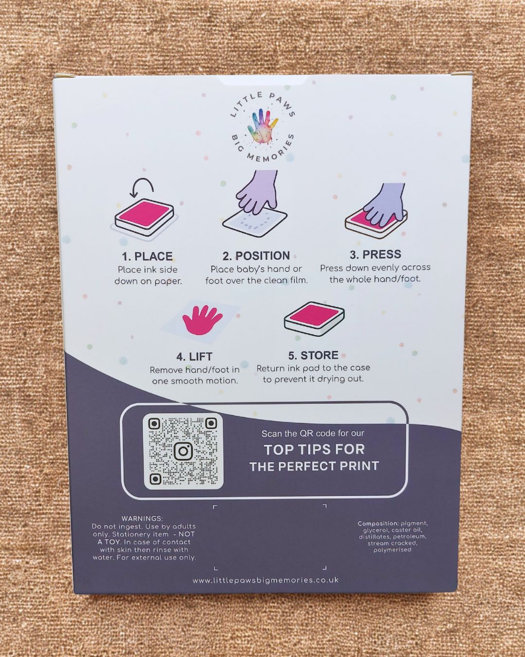 Clean touch ink pads, pack of 4 in cardboard packaging box. Fuchsia, dark blue, black and light green. Instructions for taking print. QR code for top tips for the perfect print. Extra large size.