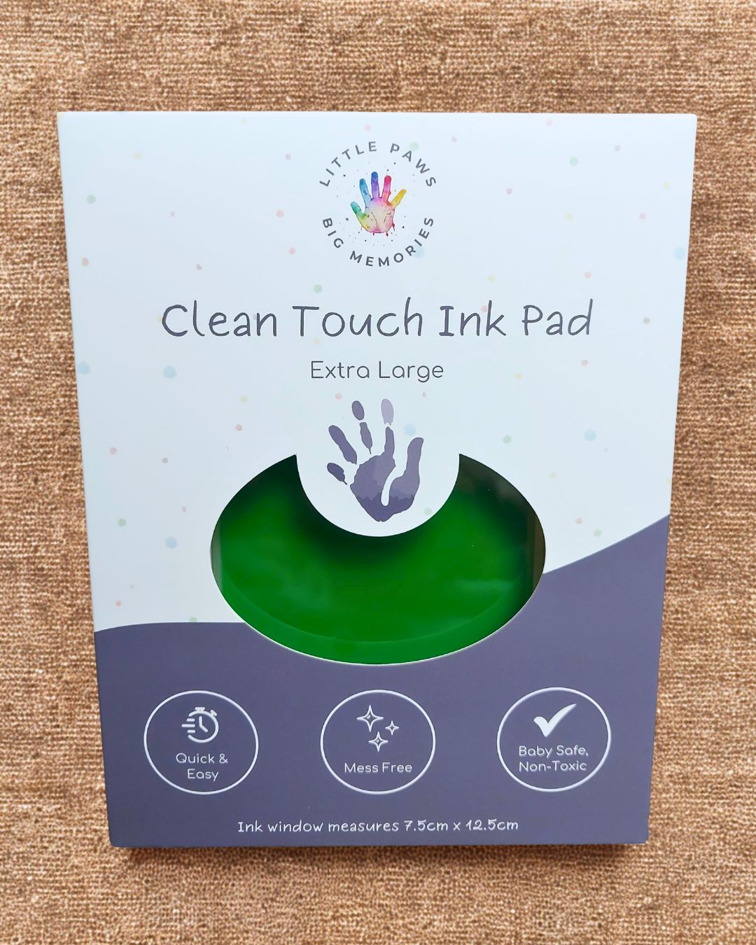 Clean touch ink pad - dark green in cardboard packaging box. extra large size, quick and easy, mess free, baby safe and non-toxic.