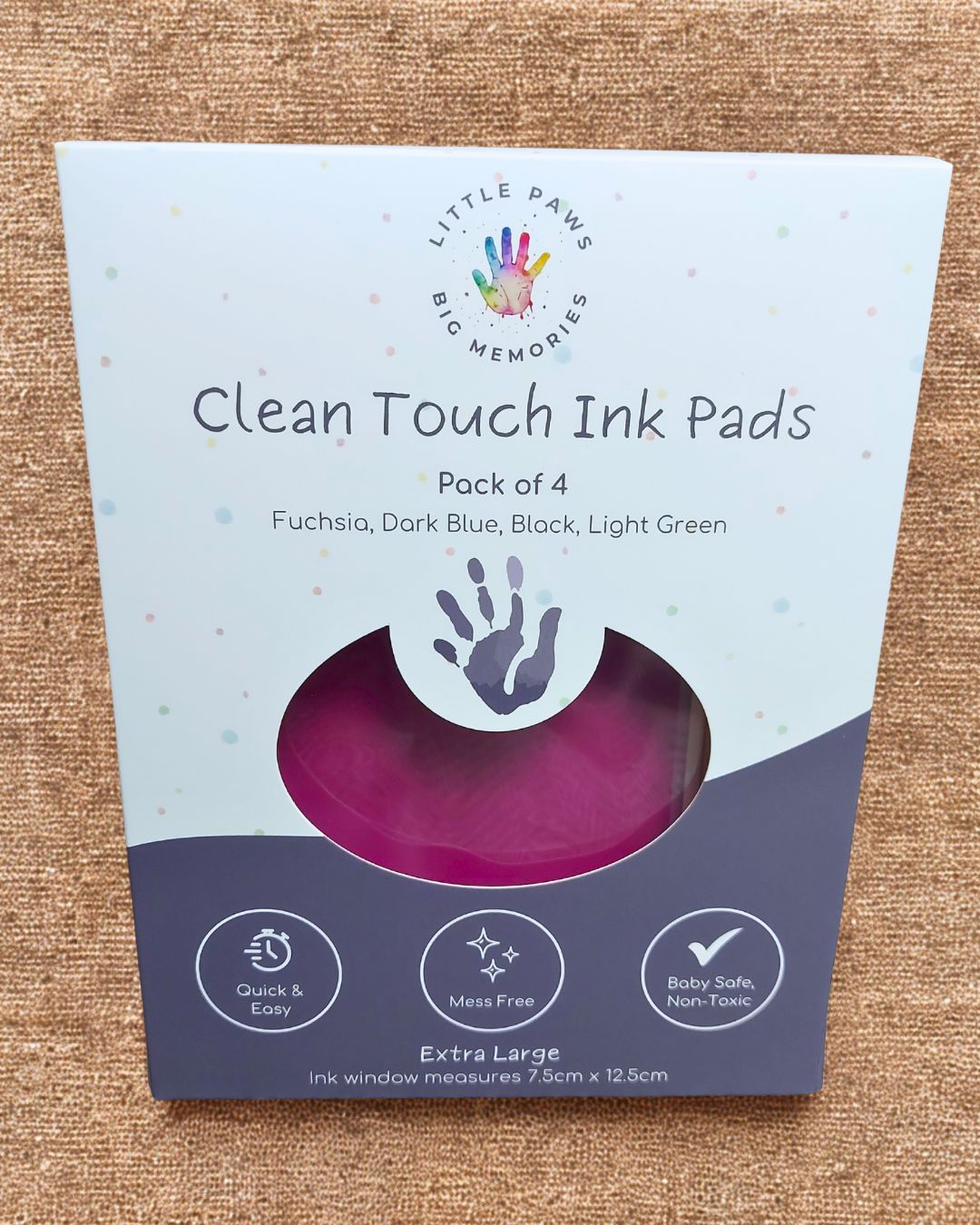 Clean touch ink pads, pack of 4 in cardboard packaging box. Fuchsia, dark blue, black and light green. Quick and easy, mess free, baby safe and non toxic. Extra large size.