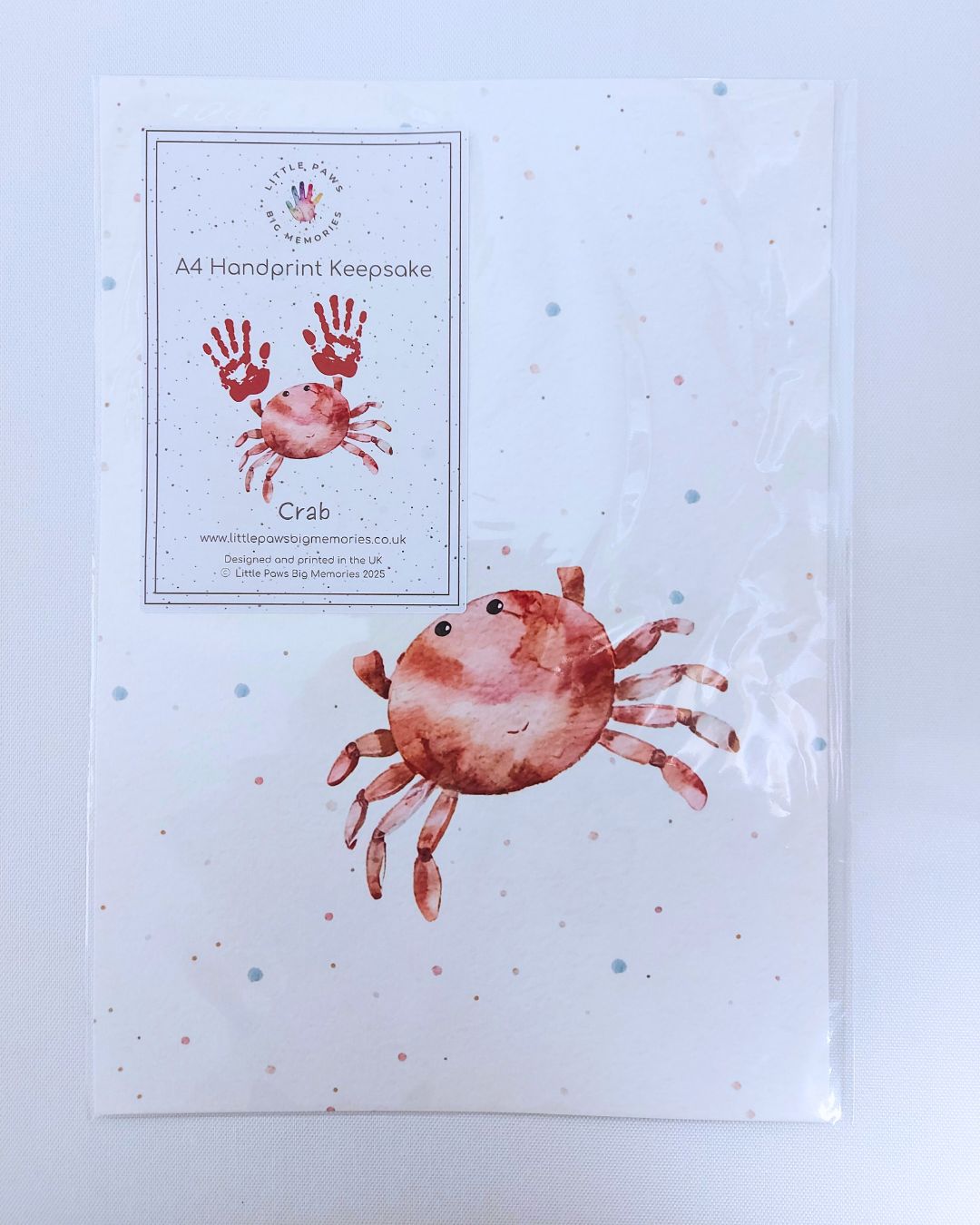 Illustration of a crab on A4 luxury textured card. With space for baby's handprints.