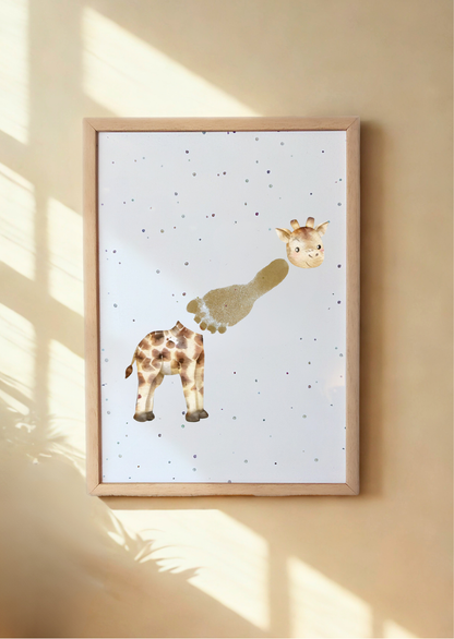 Framed Giraffe Print with child's footprint as its neck