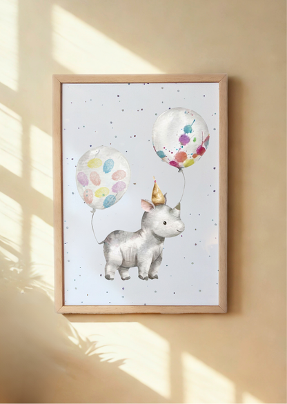 Framed artwork of a rhino with colorful balloons on a light background. Framed rhino keepsake prints with child's fingerprints as balloon decorations