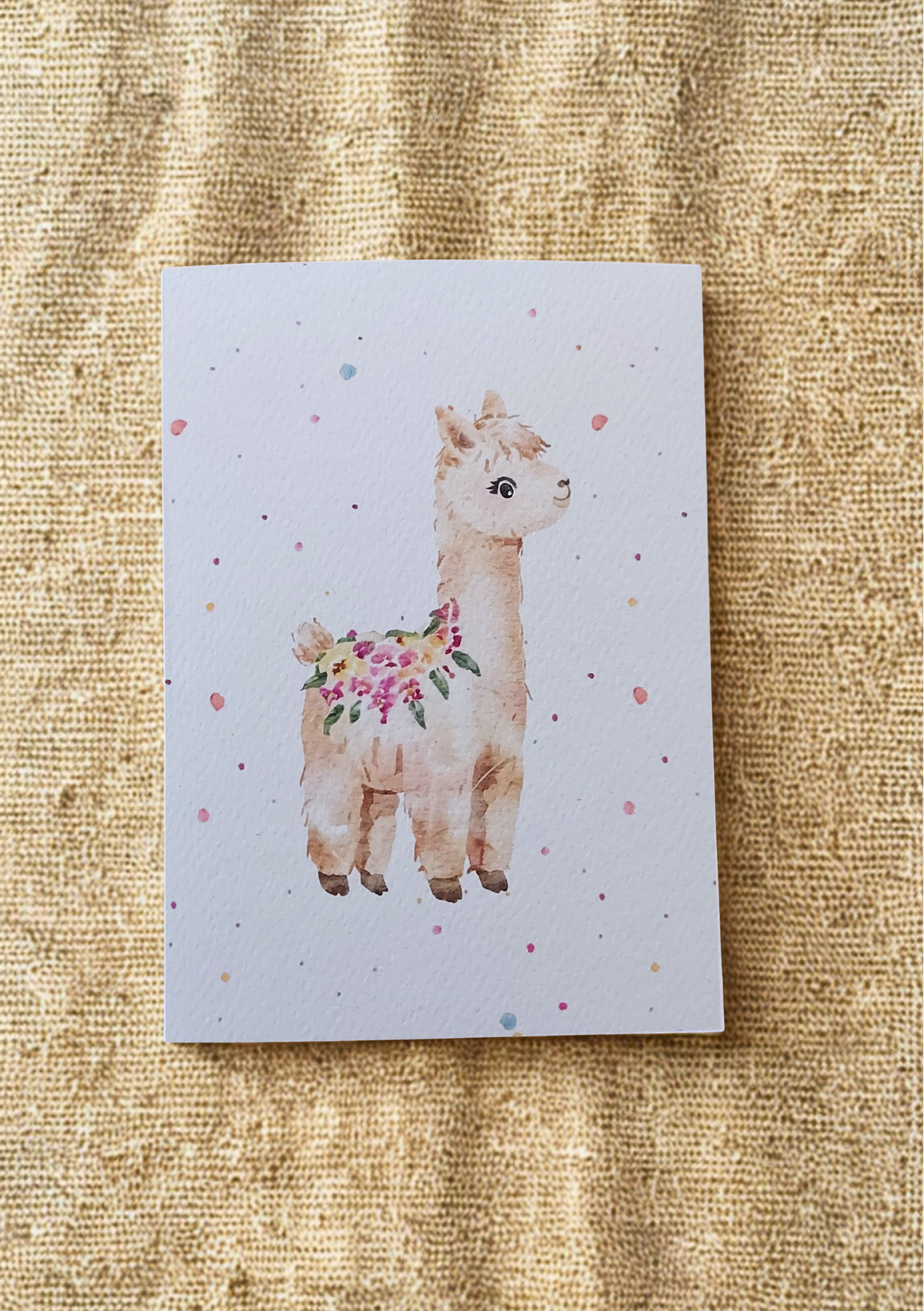Greetings Card - Watercolour Alpaca. Blank inside. On plain linen cloth background.