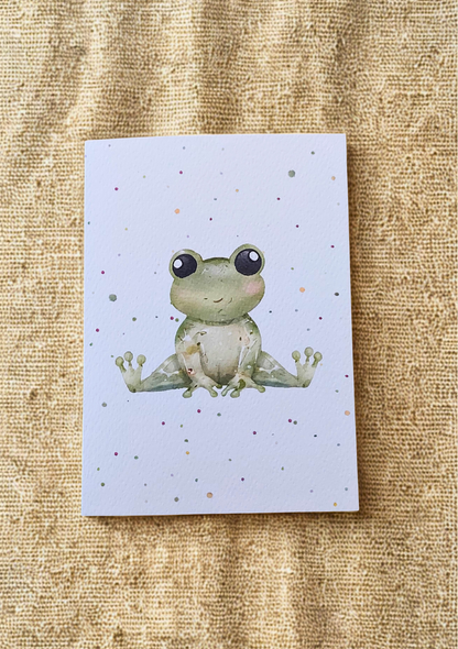 Greetings Card - Watercolour Frog. Blank inside. On plain linen cloth background.