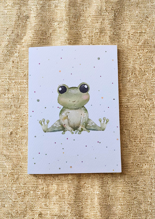 Greetings Card - Watercolour Frog. Blank inside. On plain linen cloth background.