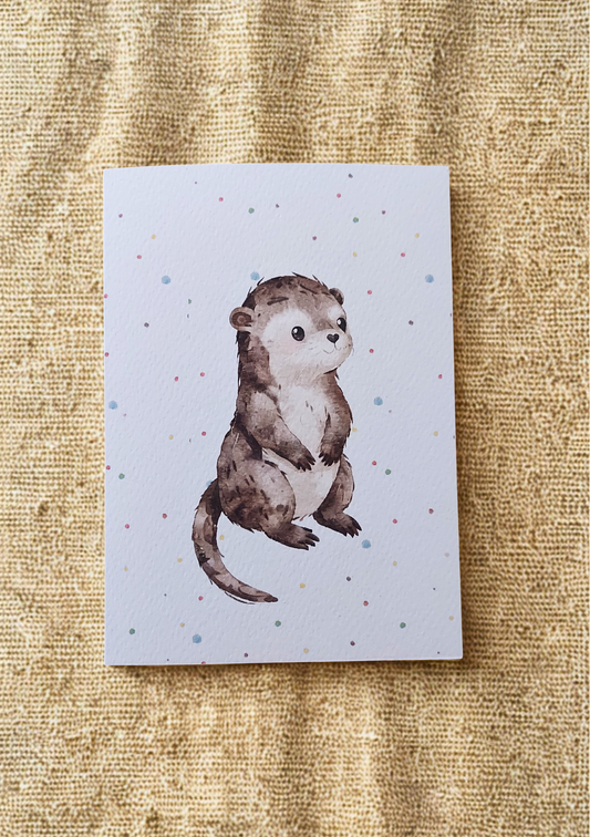 Greetings Card - Watercolour Otter. Blank inside. On plain linen cloth background.