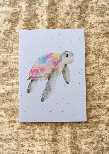 Greetings Card - Watercolour Turtle. Blank inside. On plain linen cloth background.