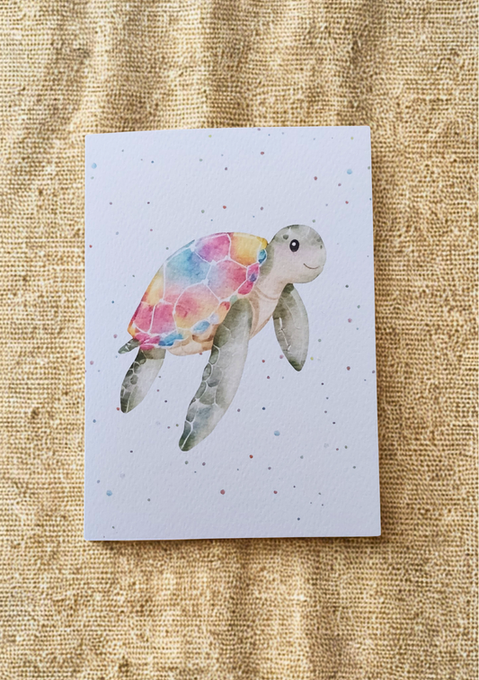 Greetings Card - Watercolour Turtle. Blank inside. On plain linen cloth background.