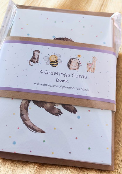 Greetings Card - Watercolour Otter, Bee, Hedgehog, Alpaca. Blank inside. On plain linen cloth background.