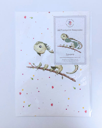 Illustration of an iguana on A4 luxury textured card. With space for baby's footprint.