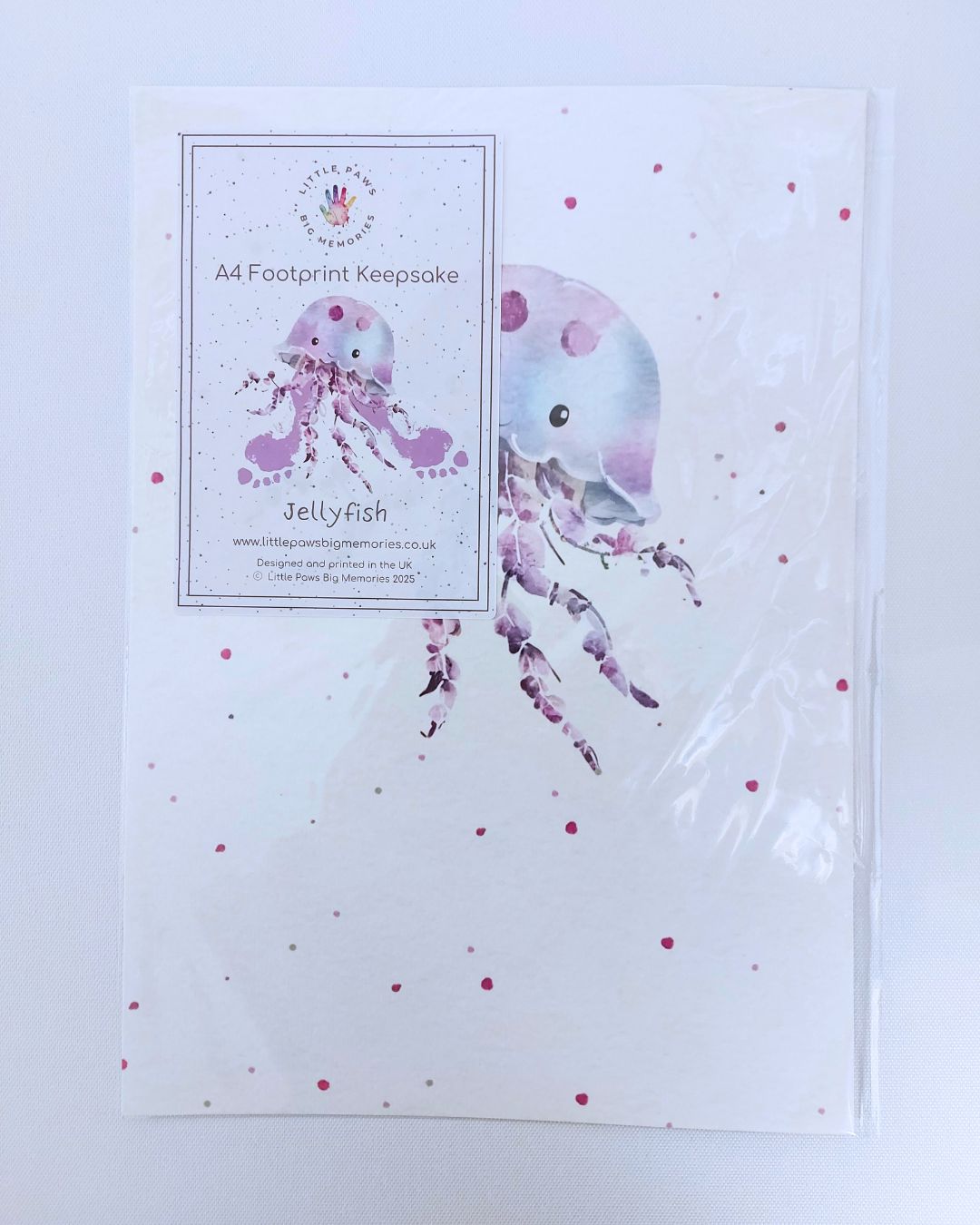 Illustration of a jellyfish on A4 luxury textured card. With space for baby's footprints.