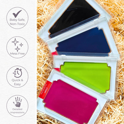 Large Clean Touch Ink Pad Mess Free Baby Safe Quick and Easy, Detailed Impressions, Baby Safe and Non Toxic. Graphic of key features of the ink pads. Light green, pink / fuchsia, dark blue and black