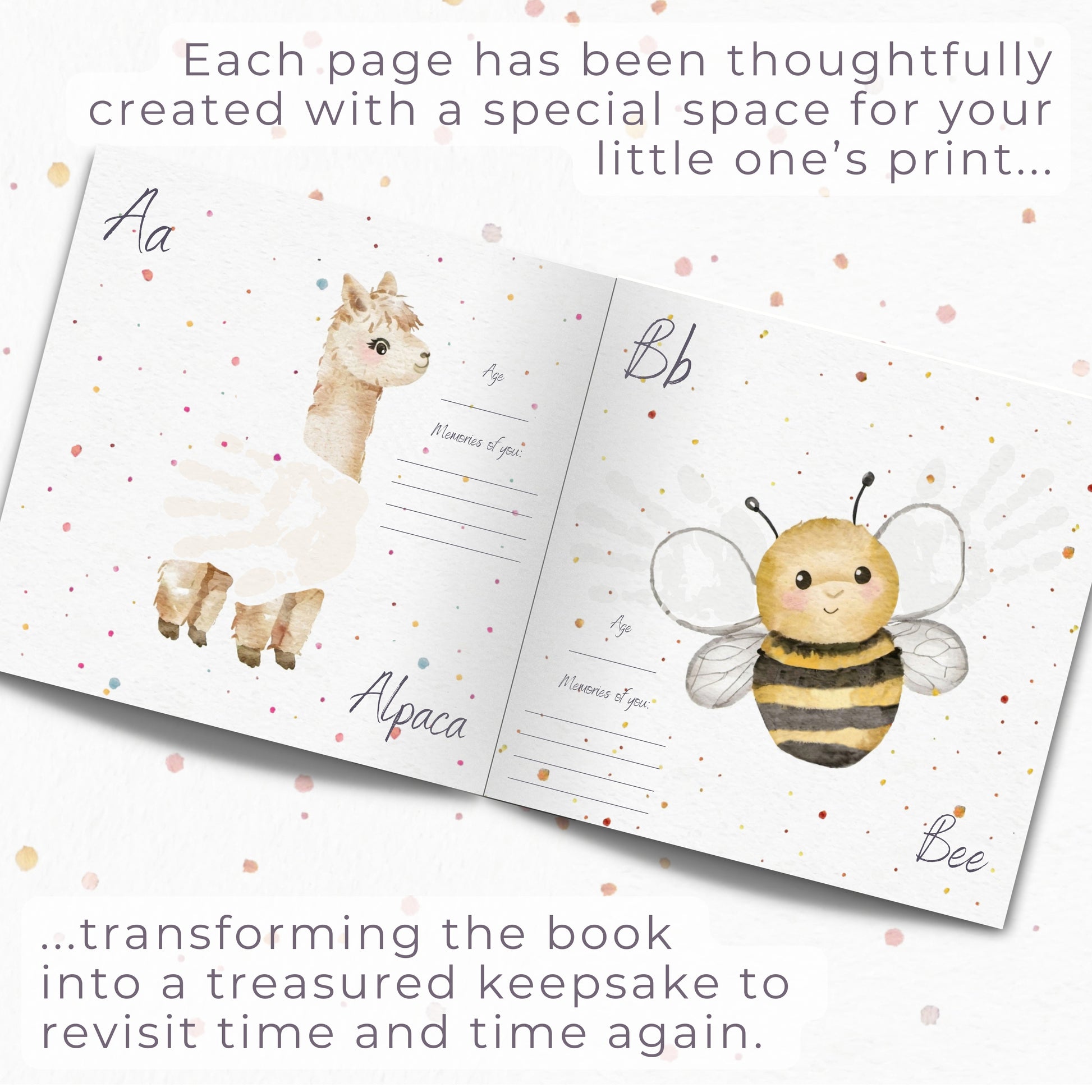 Book pages from baby hand and footprint keepsake book showing how baby hand and footprints complete the pictures of animals. Baby shower gift for newborn baby.