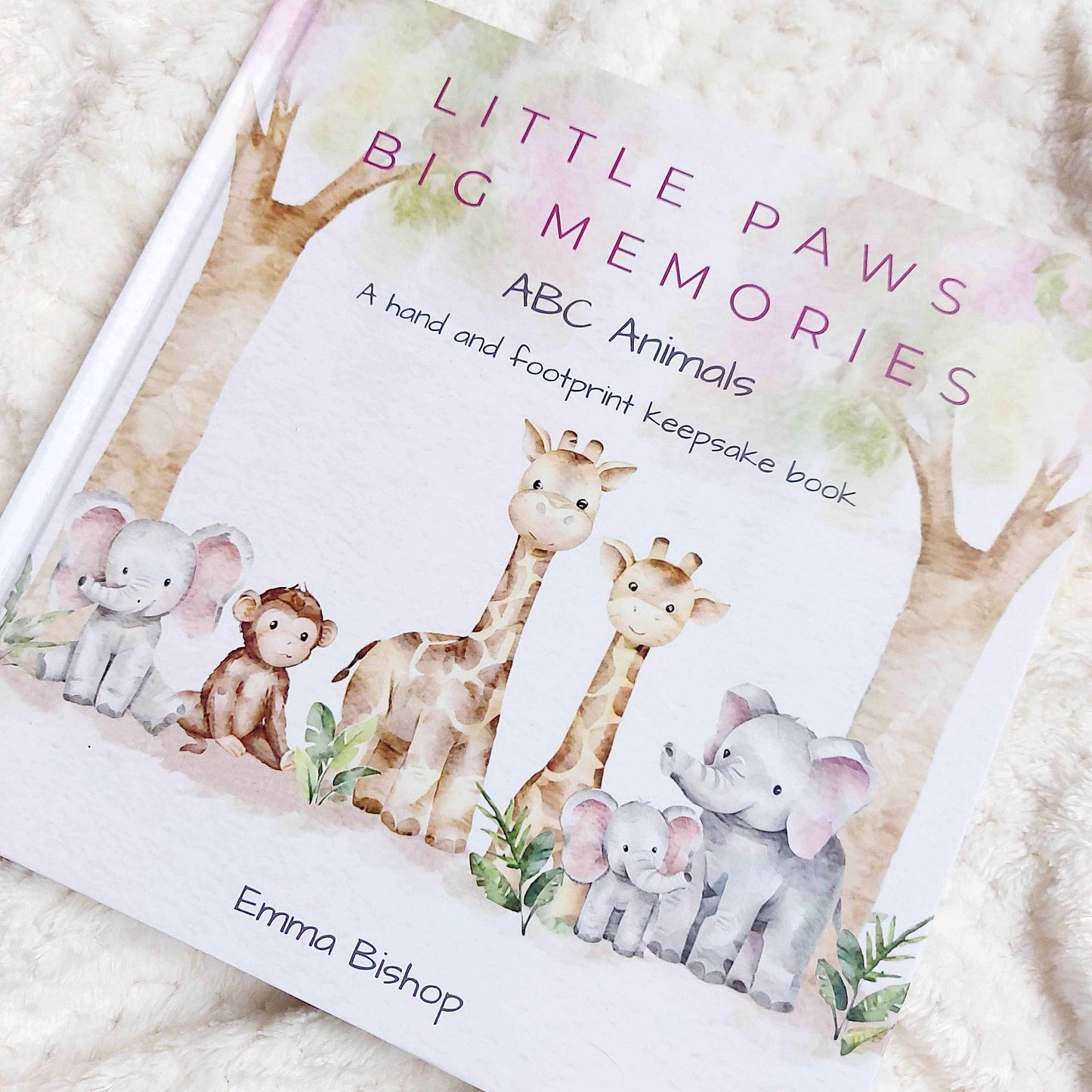 Front cover of Little Paws Big Memories ABC Animals baby hand and footprint keepsake book. Newborn baby gift idea, baby shower gift idea.