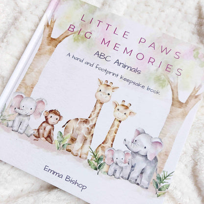 Front cover of Little Paws Big Memories ABC Animals baby hand and footprint keepsake book. Newborn baby gift idea, baby shower gift idea.