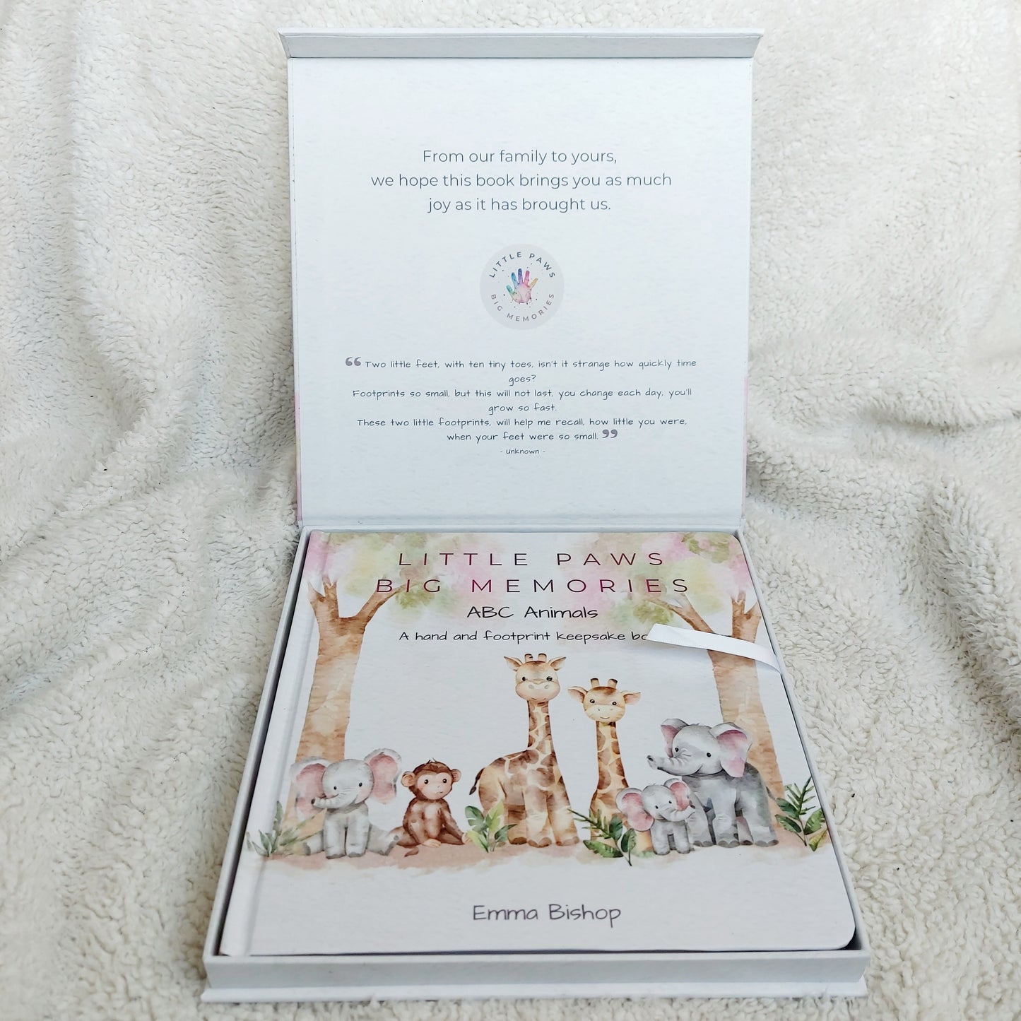Little Paws Big Memories ABC Animals baby hand and footprint keepsake book front cover inside magnetic gift box. Ready to gift for Christening, new baby, baby shower etc. Newborn baby gift idea.