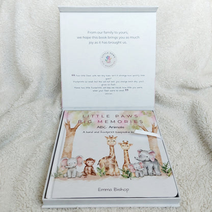 Little Paws Big Memories ABC Animals baby hand and footprint keepsake book front cover inside magnetic gift box. Ready to gift for Christening, new baby, baby shower etc. Newborn baby gift idea.