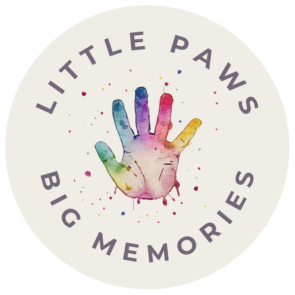 Little Paws Big Memories Logo. Colourful watercolour handprint with paint splatters.