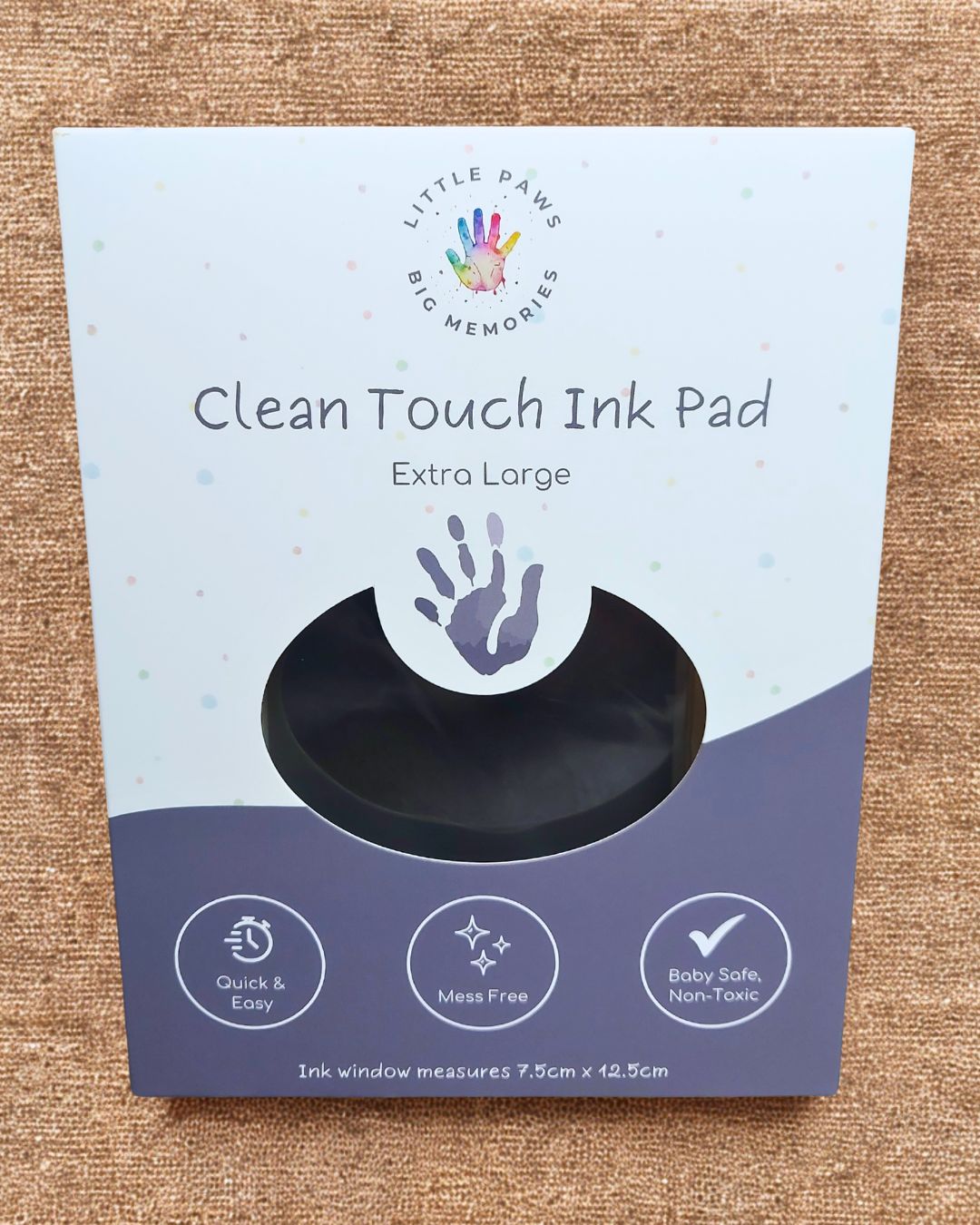 Clean touch ink pad - black in cardboard packaging box. extra large size, quick and easy, mess free, baby safe and non-toxic.