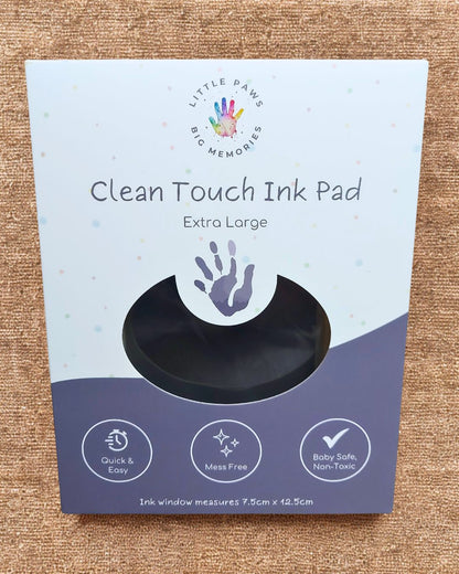 Clean touch ink pad - black in cardboard packaging box. extra large size, quick and easy, mess free, baby safe and non-toxic.