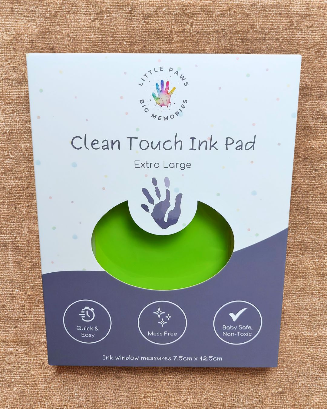 Clean touch ink pad - light green in cardboard packaging box. extra large size, quick and easy, mess free, baby safe and non-toxic.