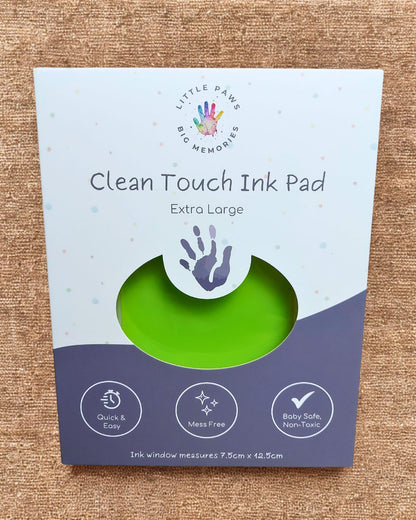 Clean touch ink pad - light green in cardboard packaging box. extra large size, quick and easy, mess free, baby safe and non-toxic.