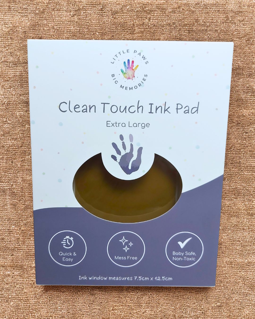 Clean touch ink pad - brown / gold in cardboard packaging box. extra large size, quick and easy, mess free, baby safe and non-toxic.