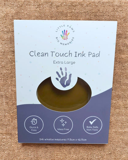 Clean touch ink pad - brown / gold in cardboard packaging box. extra large size, quick and easy, mess free, baby safe and non-toxic.