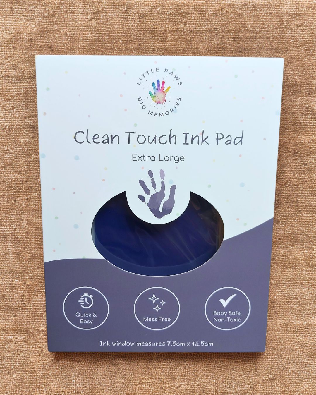 Clean touch ink pad - navy dark blue in cardboard packaging box. extra large size, quick and easy, mess free, baby safe and non-toxic.