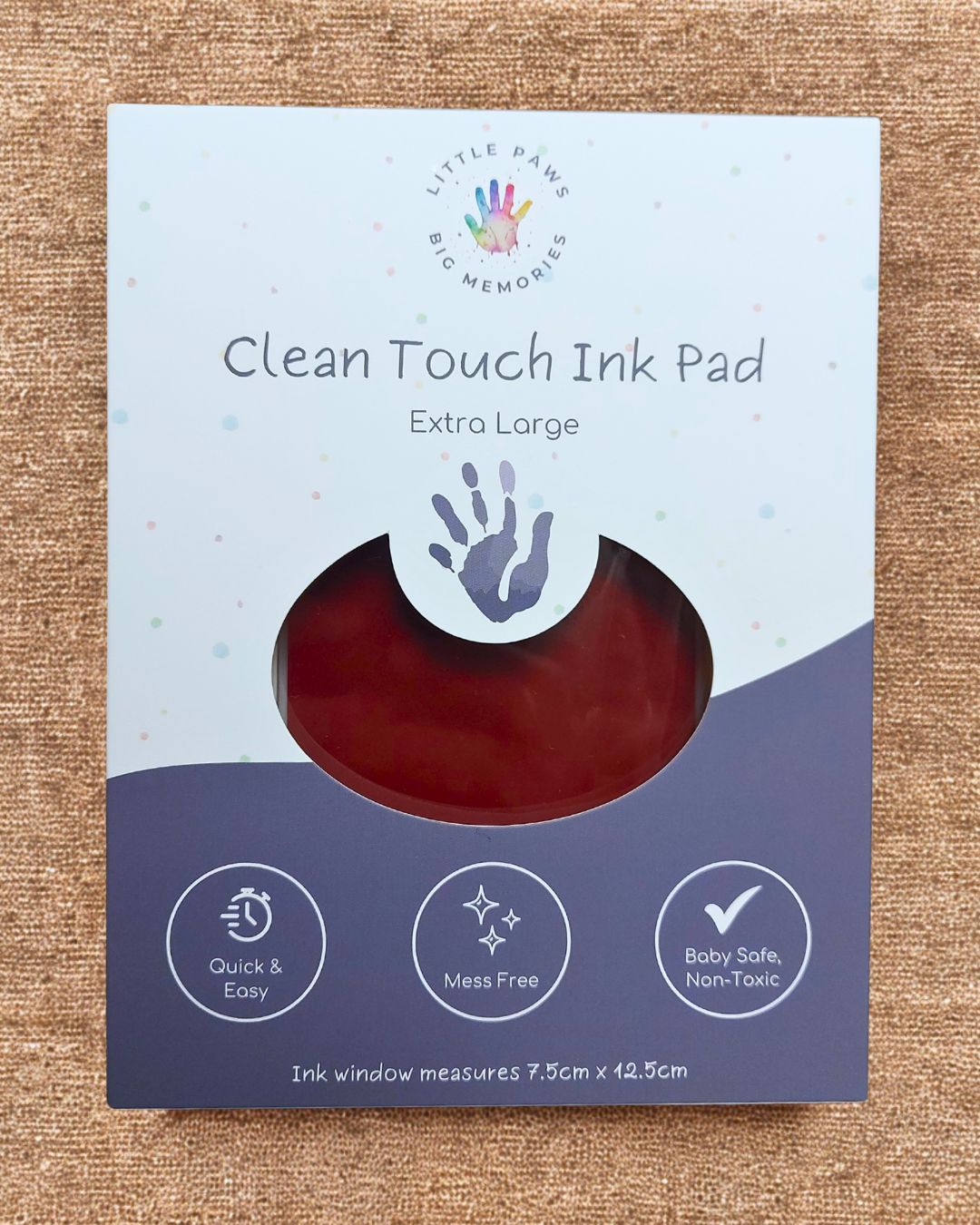 Clean touch ink pad - dark red in cardboard packaging box. extra large size, quick and easy, mess free, baby safe and non-toxic.