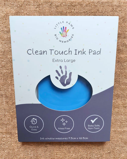 Clean touch ink pad - light blue in cardboard packaging box. extra large size, quick and easy, mess free, baby safe and non-toxic.