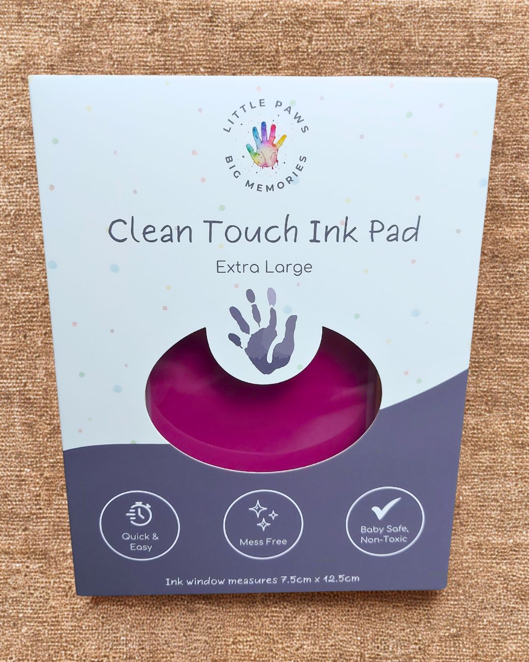 Clean touch ink pad - pink fuchsia in cardboard packaging box. extra large size, quick and easy, mess free, baby safe and non-toxic.
